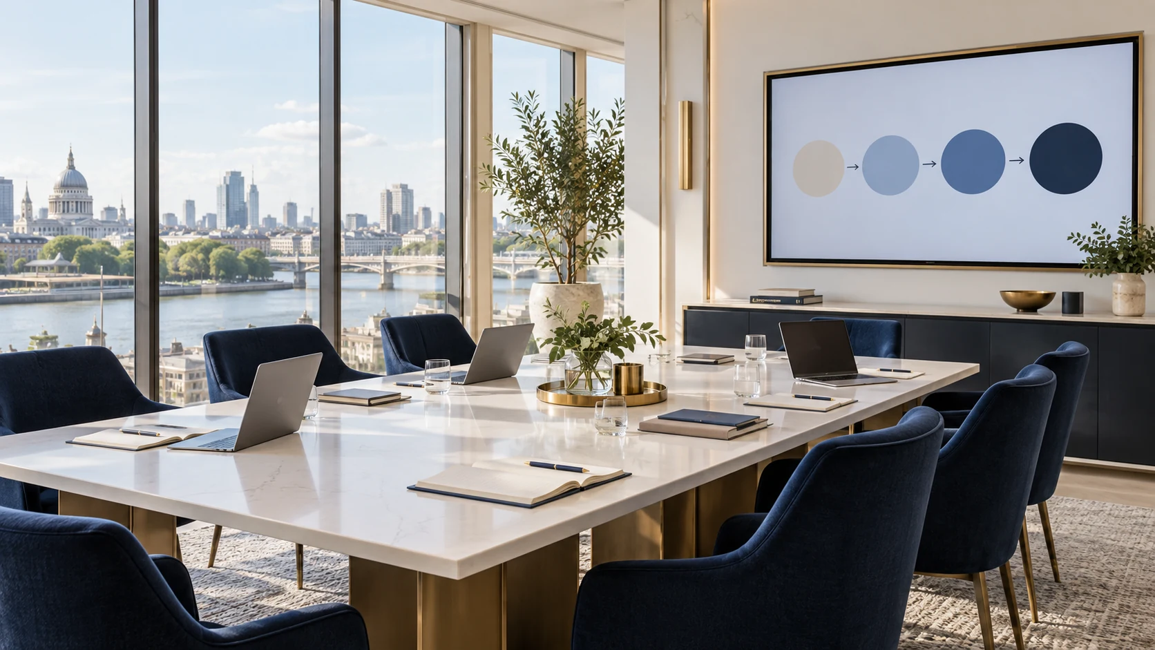 Illustrative learning studio with notebooks, shared workspaces and a presentation screen